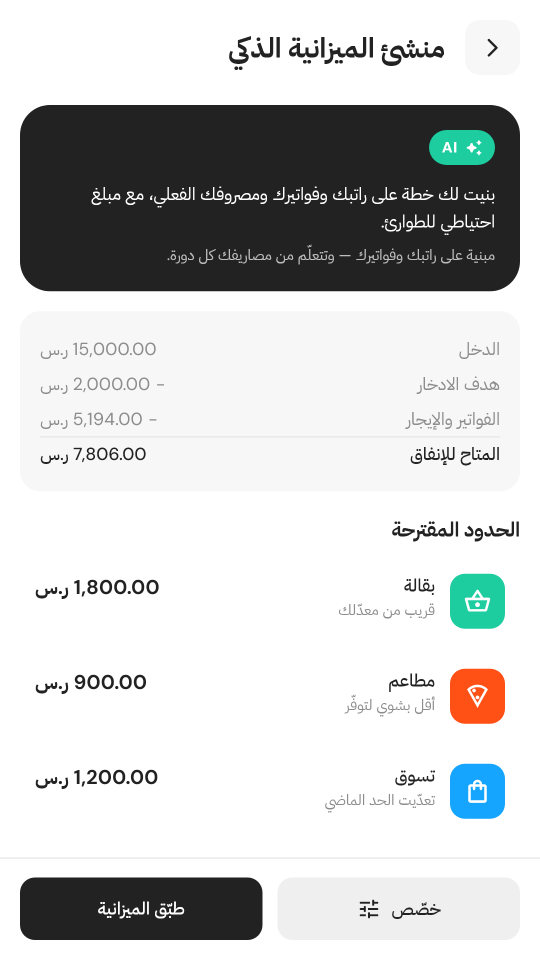 منشئ الميزانية الذكي يقترح حدًّا لكل فئة