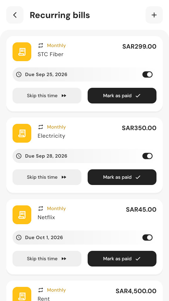 Recurring bills with due dates